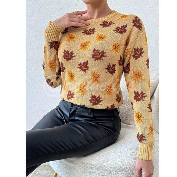 Leaf Print Knit Khaki Sweater Pullover for Fall Autumn - Picture 5 of 7